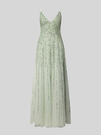 Produktfoto, Abendkleid mit Paillettenbesatz von Lace & Beads aus grünem Tüll, taillierter Schnitt, ärmelloses Design, V-Ausschnitt, Nahtreißverschluss, Rückenlänge bei Größe S 126 cm, Brustweite 34 cm.