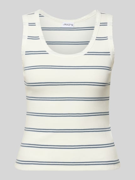 Produktfoto, Tanktop mit Feinripp und Rundhalsausschnitt von Jake*s Casual, mieszanka bawełny z dodatkiem streczu, dopasowany krój, drobne prążkowanie, okrągły dekolt z falistym brzegiem, długość tyłu w rozmiarze S: 49 cm, białe tło, delikatne niebieskie i czarne paski, gładka faktura