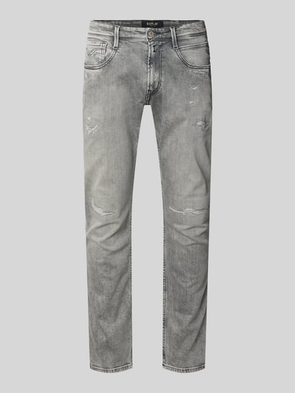 Produktfoto, Slim Fit Jeans im Used-Look Modell 'Anbass' von Replay, szary kolor, efekt znoszenia, 5 kieszeni, mieszanka bawełny, krój slim fit, szerokość w rozmiarze 32/32: 45 cm, długość wewnętrzna nogawki 82 cm, zapięcie na guzik i zamek błyskawiczny
