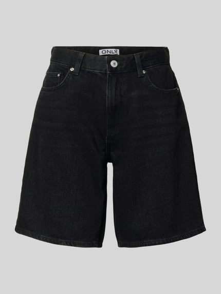 Produktfoto, Regular Fit Jeansshorts aus reiner Baumwolle Modell 'LUMI' von Only in schwarzer Denim-Optik mit Label-Patch, 5-Pocket-Design, Bindegürtel, Knopf und verdecktem Reißverschluss.