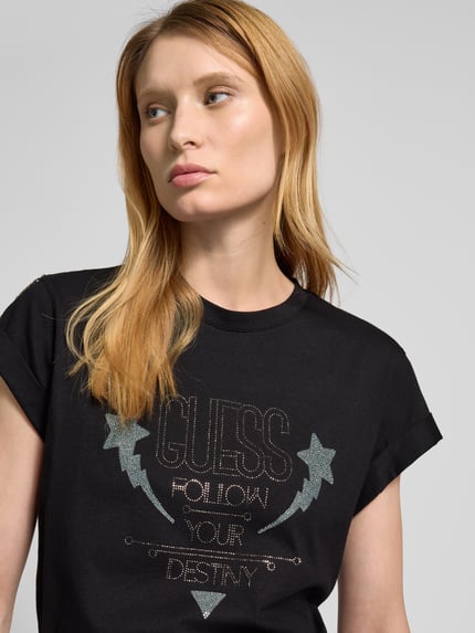 GUESS T-shirt z detalem z logo Czarny 3