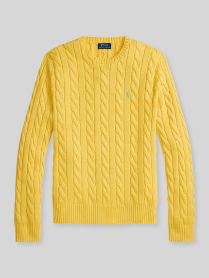 Productfoto, Regular Fit Strickpullover aus reiner Baumwolle van Polo Ralph Lauren in effen geel met kabelpatroon en structuur, ronde hals, geribde boorden, gebreid van katoen
