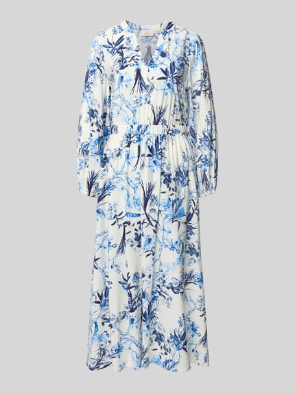 Produktfoto, Midikleid aus Viskose-Mix im Allover-Look von ROBE LÉGÈRE, blau-weißes florales Muster, A-Linie, V-Ausschnitt, lange Ärmel