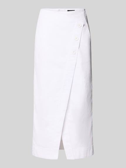 Produktfoto, Straight Fit Midirock in Denim-Optik von Marc Cain, dames midirok van elastische katoenmix met wikkellook, loopsplit, steekzakken, ritssluiting, bandwijdte maat 36: 36 cm, totale lengte maat 36: 90 cm