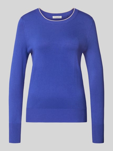 Produktfoto, Strickpullover mit gerippten Abschlüssen van Christian Berg Woman, blauw, V-hals, viscosemix, slim fit, gladde textuur.