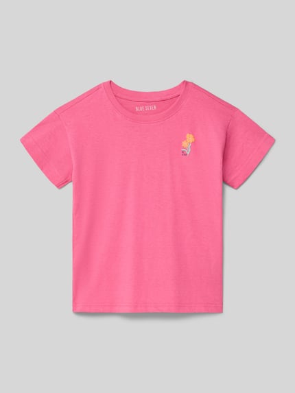 Produktfoto, T-Shirt mit Stitching und Rundhalsausschnitt von Blue Seven z czystej bawełny, krój regular fit, kolor różowy, długość tyłu w rozmiarze 116: 44 cm