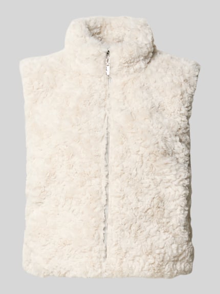 Produktfoto, Regular Fit Weste aus Kunstfell mit Stehkragen von monari, kremowe sztuczne futro, zamek błyskawiczny, krój regular fit, Długość tyłu w rozmiarze 36: 47 cm, Szerokość ramion w rozmiarze 36: 39 cm, Szerokość klatki piersiowej w rozmiarze 36: 45 cm