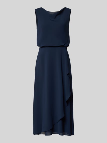 Produktfoto, Knielanges Cocktailkleid mit Wasserfall-Ausschnitt von Christian Berg Cocktail, granatowy szyfon, krój taliowany, długość do kolan, szerokie ramiączka, dół z zakładką, kryty zamek z tyłu, długość pleców w rozmiarze 36: 120 cm, szerokość w rozmiarze 36: 45 cm