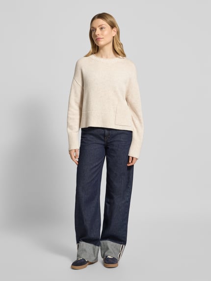 Oui Wollpullover mit Rundhalsausschnitt Beige Melange 1
