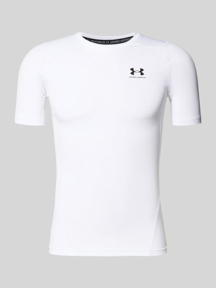 Produktfoto, Slim Fit T-Shirt mit Logo-Print von Under Armour, elastyczna mieszanka materiałów, krój slim fit, okrągły dekolt, długość tyłu w rozmiarze M: 62 cm