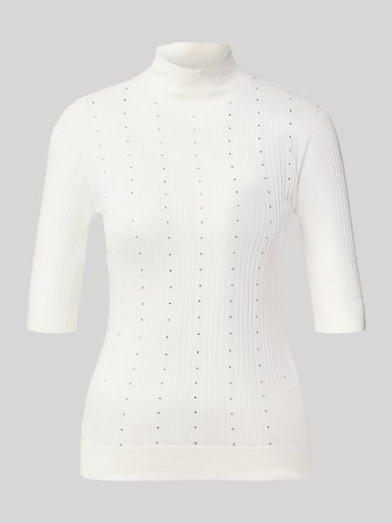 Produktfoto, Slim Fit Longsleeve aus reiner Lanawolle Modell 'Maglia Costine' van Liu Jo White, wit, ribstructuur, halflange mouw, opstaande kraag, semi-transparant, dames Longsleeve