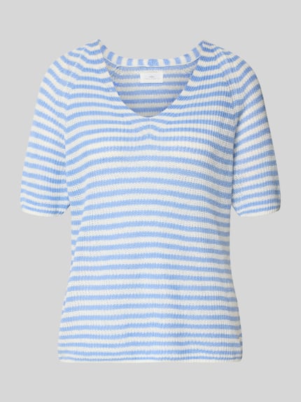 Produktfoto, T-Shirt aus Leinen mit V-Ausschnitt van Fynch-Hatton, regular fit, allover streeppatroon, zuiver linnen, blauwe en witte kleuren