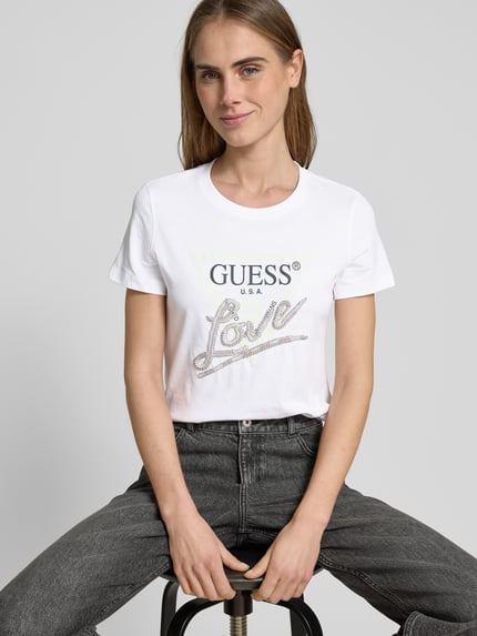 GUESS T-shirt z obszyciem ozdobnymi kamieniami Biały 3