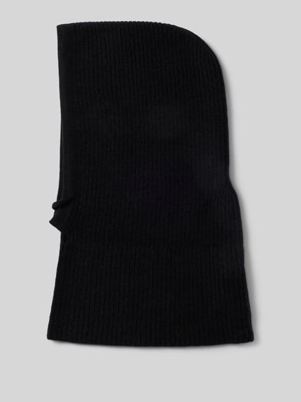Produktfoto, Balaclava aus reinem Kaschmir von Seeberger in Schwarz, feine Ripp- und Strick-Optik, Bindebänder dezent sichtbar.