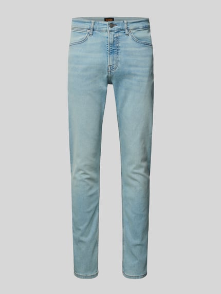 Produktfoto, jasnoniebieskie Tapered Fit Jeans aus Baumwoll-Mix Modell 'ONYX' od BOSS Orange, stylizowana na denim, 5 kieszeni, mieszanka bawełny
