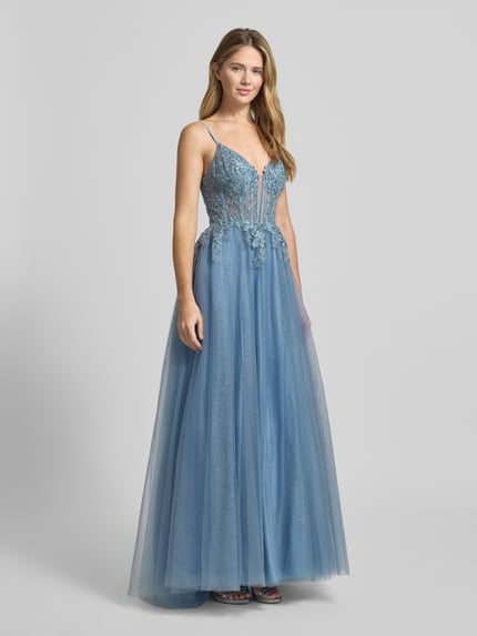 LUXUAR FASHION Avondjurk met bloemrijke stitching Rookblauw - 1