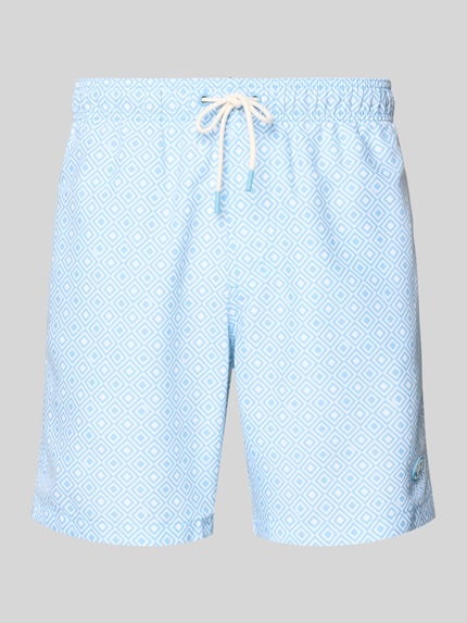 Produktfoto, Badehose mit Label-Patch Modell 'Mike' von Shiwi in Hellblau mit Rauten-Muster, elastischer Bund mit Kordelzug, Gesäßleistentasche