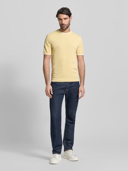Mannelijk model draagt Regular Fit T-Shirt in Strick-Optik van Christian Berg Men, katoen, rondhals, korte mouw, gele tint, full body vooraanzicht