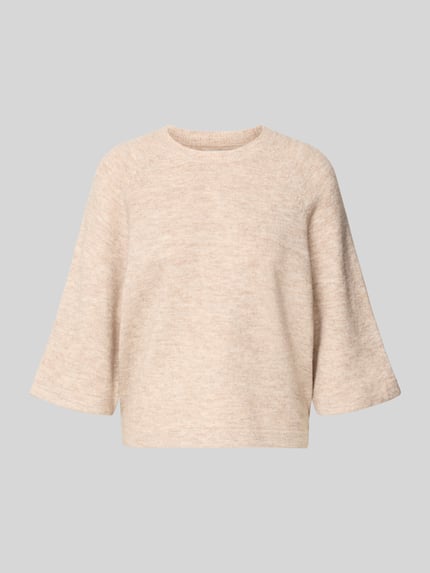 Produktfoto, Oversized Strickpullover mit 3/4-Arm Modell 'SIMONI' von Only in cremefarbener Melange-Optik, unifarben, Rundhals, Strickstruktur