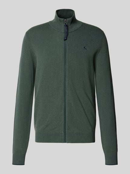 Produktfoto, zielona kardigan rozpinany 'Strickjacke in Two-Tone-Machart mit Reißverschluss' von LERROS, bawełna, krój regular fit, dwa kolory, stójka, zamek błyskawiczny, długość tyłu w rozmiarze M: 67 cm, długość rękawów w rozmiarze M: 50 cm
