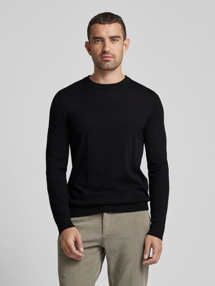 Selected Sweter z dzianiny z wełny merino z prążkowanymi wykończeniami model ‘TRAY’ Czarny 4