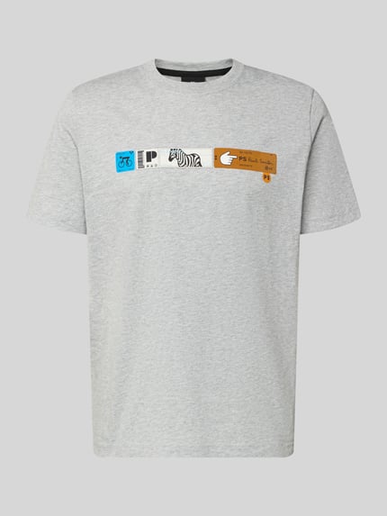 Produktfoto, Regular Fit T-Shirt mit Label-Print von PAUL SMITH aus reiner Baumwolle, grau, Rundhalsausschnitt, bunte Details auf der Brust