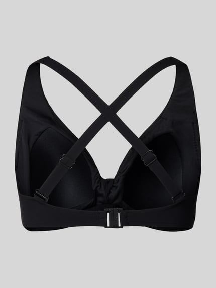 Frauenmodel trägt Bikini-Oberteil mit Knotendetail Modell 'SOLID' von Barts, mieszanka materiałów z dodatkiem streczu, dopasowany krój, dekolt w serek, wiązany detal, czarny kolor, gładka tekstura, Ganzkörperansicht Rückansicht.
