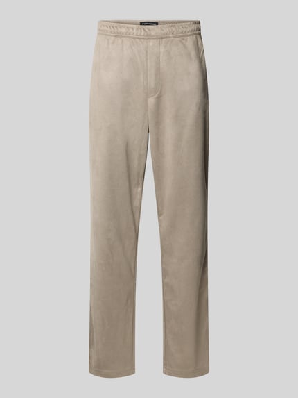 Produktfoto, stoffen broek met elastische band van Pegador, los model, steekzakken, achterzakken, bandwijdte 41 cm, binnenbeenlengte 75 cm, maat M, beige kleur, zachte textuur.