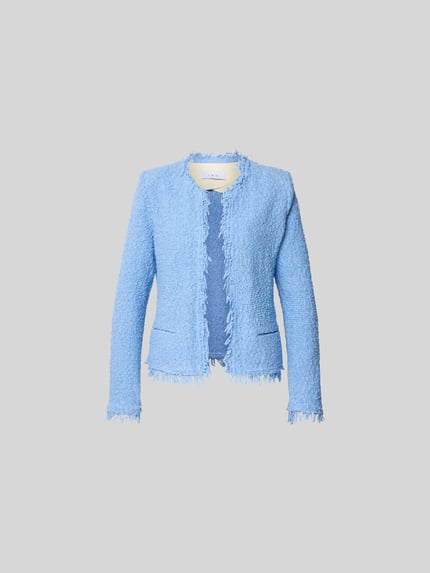 Produktfoto, Jacke mit Baumwoll-Anteil im Bouclé-Look von IRO in Hellblau, Slim Fit, offene Vorderseite, Leistentaschen, strukturierte Oberfläche.