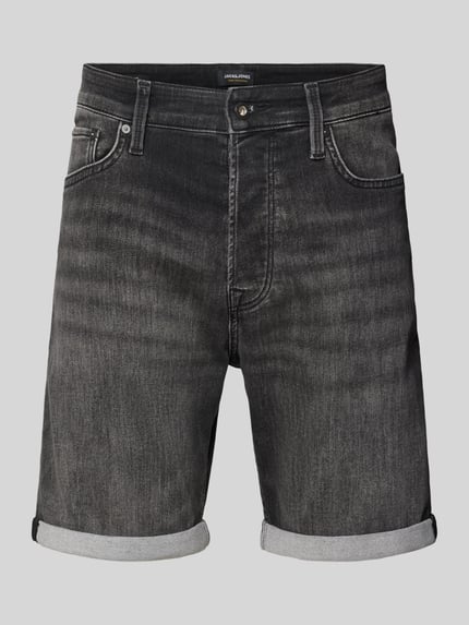Produktfoto, Regular Fit Jeansshorts mit Umschlag Modell 'RICK' van Jack & Jones, heren korte jeans van katoenmix met stretch, used-look, grijs met omslag, bandwijdte maat M 42 cm, binnenbeenlengte maat M 19 cm