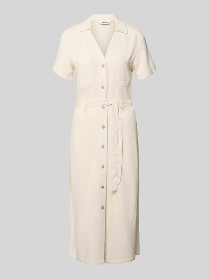 Productfoto, smal dames vrijetijdsjurk van viscose-linnenmix Modell 'SIESTA' van Only, effen, midi-lengte, V-hals, knoopsluiting, korte mouwen met vaste omslag, borstzakken, flammégaren textuur