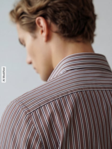 Männermodel trägt Slim Fit Businesshemd aus reiner Baumwolle Modell 'New Kent' von Seidensticker, braun mit weißen Streifen, Nahaufnahme Rückansicht, Herren Businesshemd von Seidensticker.