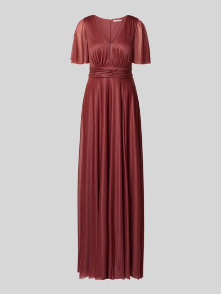 Produktfoto, Schimmerndes Maxikleid mit V-Ausschnitt und Taillenband von Christian Berg Cocktail in Rot mit Mesh, A-Linie, glänzender Stoff.