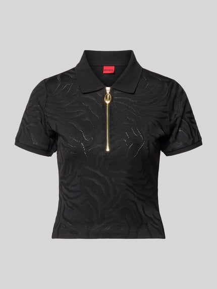 Produktfoto, Regular Fit Poloshirt aus Viskose-Mix Modell 'DEMETRI' von HUGO, czarny, półprzezroczysty, wzór zwierzęcy, kołnierzyk polo, krótki rękaw, tekstura z fakturą