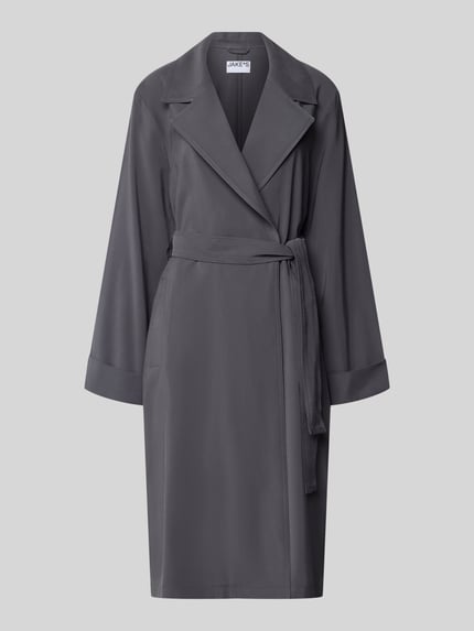 Produktfoto, Trenchcoat aus Viskose-Mix mit Bindegürtel von Jake*s Casual in Grau, Relaxed Fit, Reverskragen, glatte Textur, Vorderansicht