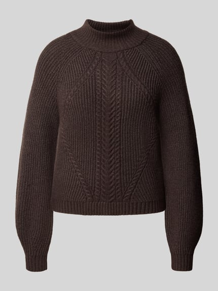 Produktfoto, Regular Fit Pullover mit Strukturstrick von ONLY in Dunkelbraun mit Zopfmuster, Mock Neck und gerippten Abschlüssen, Strickoptik