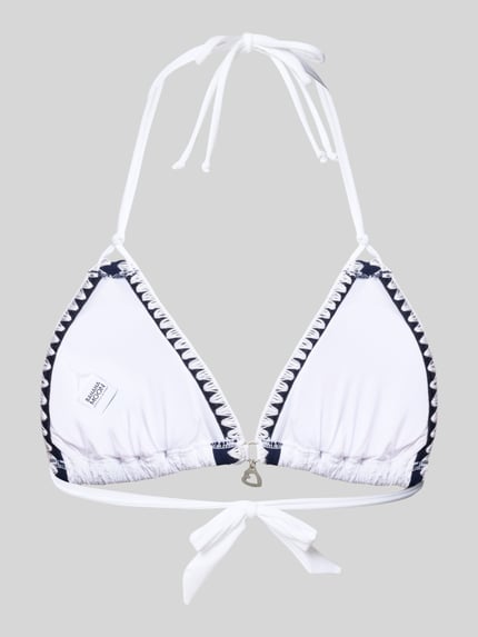 Produktfoto, wit Banana Moon Bikini-Oberteil met structuurpatroon model 'BLUCO' van elastische materiaalmix en halter.