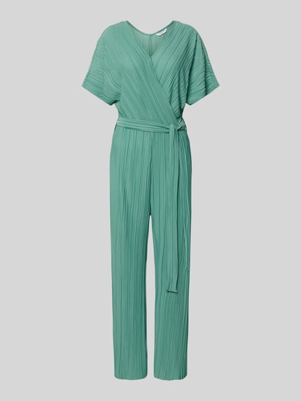 Produktfoto, Jumpsuit met plissévouwen en strikceintuur model 'Pe44arl' van ZABAIONE in mintgroen, getailleerd model, wikkellook, V-hals, totale lengte maat S 145 cm, borstwijdte 39 cm, binnenbeenlengte 69 cm