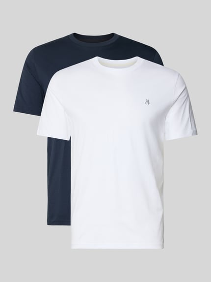 Produktfoto, Regular Fit T-Shirt Set aus reiner Baumwolle im 2er-Pack von Marc O'Polo, weiße und dunkelblaue Farben, glatte Textur
