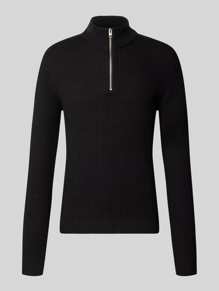 Produktfoto, schwarzer Strickpullover mit Troyer-Kragen Modell 'PANNEL' von JACK & JONES, Baumwoll-Mix, enger Schnitt, glatte Rippenstruktur