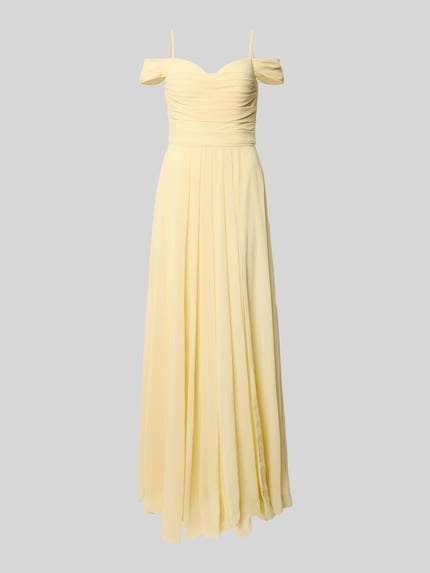 Produktfoto, Maxikleid im Off-Shoulder-Look mit Gehschlitz von Mascara in zartem Gelb, A-Linie, Drapierungen, fließende Textur.