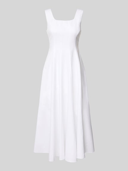 Produktfoto, weißes Damen Midikleid in A-Linie aus Baumwoll-Leinen-Mix mit Karree-Ausschnitt, Reißverschluss hinten, Modell 'ADDISA' von Ted Baker, Rückenlänge 111 cm, Brustweite 44 cm, klare Form und glatte Textur