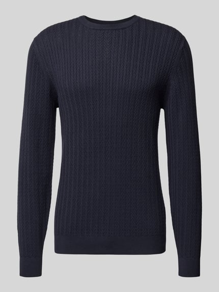 Produktfoto, granatowy Strickpullover mit gerippten Abschlüssen von Christian Berg Men z bawełny, regular fit, okrągły dekolt, tekstura prążkowana.