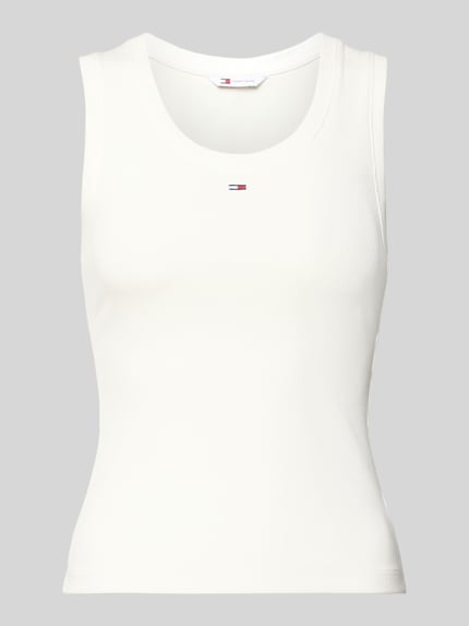 Produktfoto, Slim Fit Tank Top aus Baumwoll-Mix von Tommy Jeans in Optik: Unifarben mit Logo-Detail, U-Ausschnitt, breite Träger, Feinripp-Struktur.