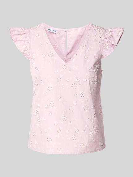 Produktfoto, Regular Fit Blusentop aus reiner Baumwolle Modell 'BANNA' von Pieces in zartem Rosa mit floralem Allover-Muster, Popeline-Struktur