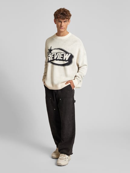 REVIEW Sweter z dzianiny z nadrukiem z logo Écru 1