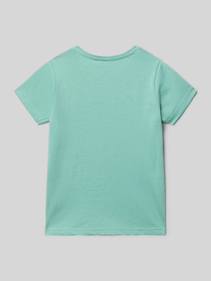 Produktfoto, T-Shirt mit Motiv-Print und Rundhalsausschnitt von Blue Seven, Kinder T-Shirt aus Reine Baumwolle, Regular-Fit, Rückenlänge 41 cm, Größe 116, mintfarbene glatte Oberfläche