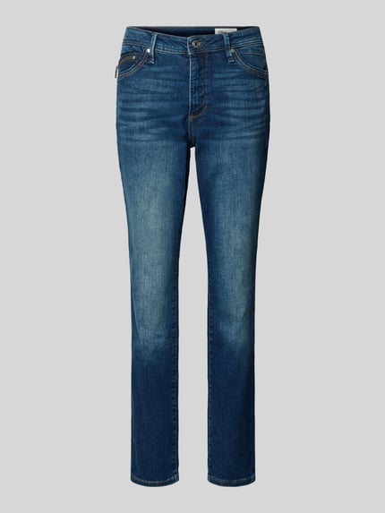 Produktfoto, Slim Fit Jeans aus Baumwoll-Mix Modell 'BETSY' von s.Oliver RED LABEL, blauwe denim, contraststiksels, 5-pocket, mid waist, label patch.