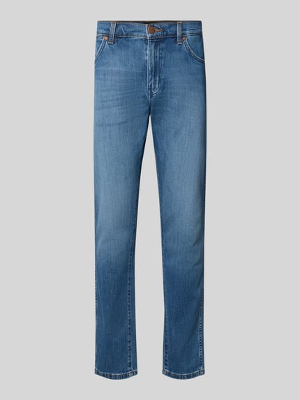 Produktfoto, Regular Taper Jeans aus Baumwoll-Mix Modell 'Redford' von Wrangler, blaue Denim-Optik mit leicht verwaschener Textur, Herren Taper Jeans