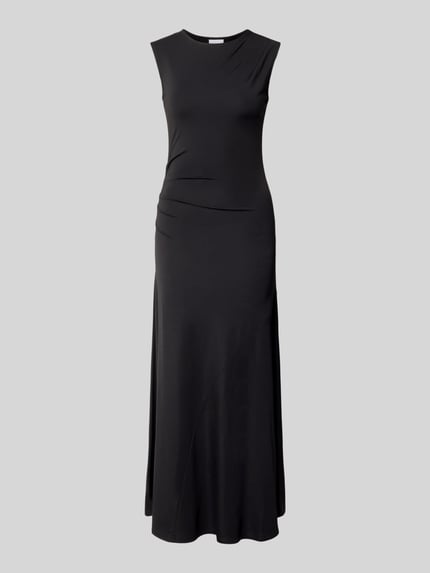 Produktfoto, schwarzes Midikleid aus Viskose-Mix mit Stretch-Anteil und Drapierungen, Figurbetont, Rundhalsausschnitt, Jake*s Collection